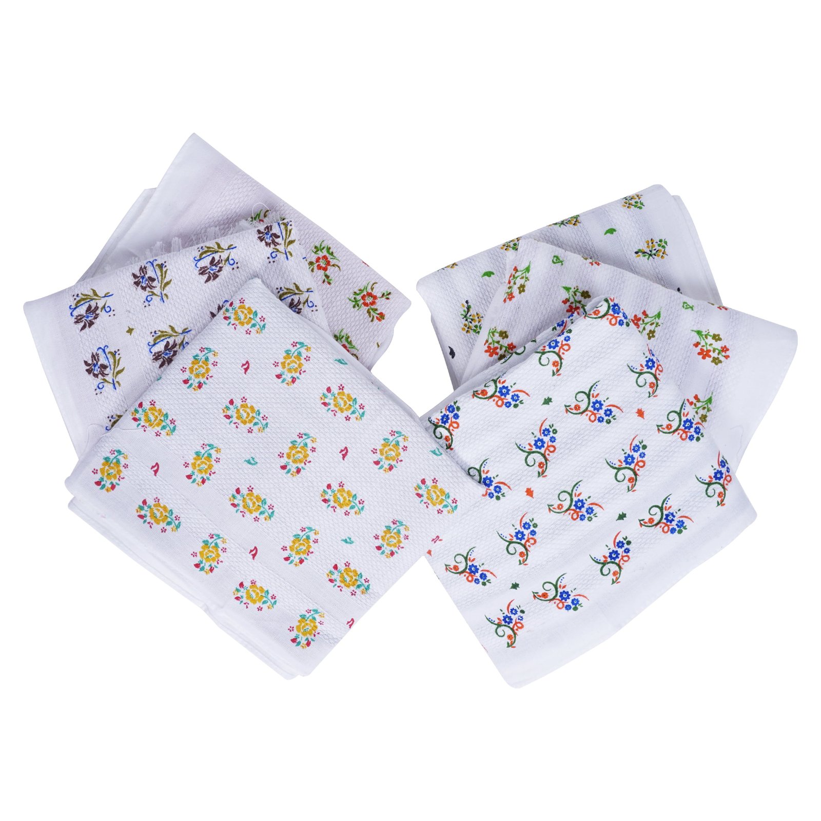 Stack of six white floral cotton napkins neatly folded