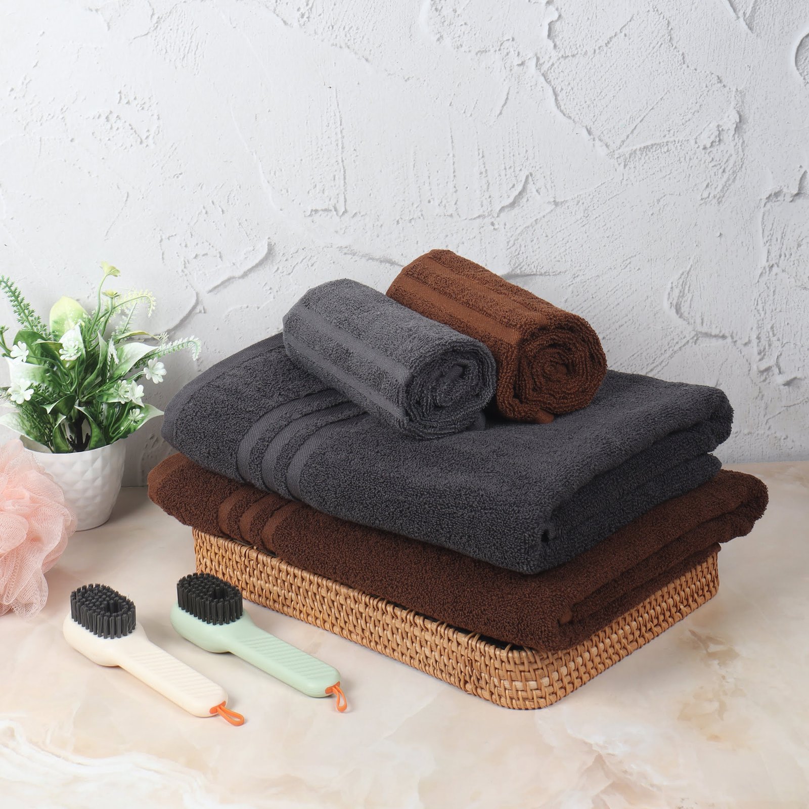 IMG_8742 ZAHYA Pure Cotton 600 GSM Bath & Hand Towel Combo - Grey & Brown