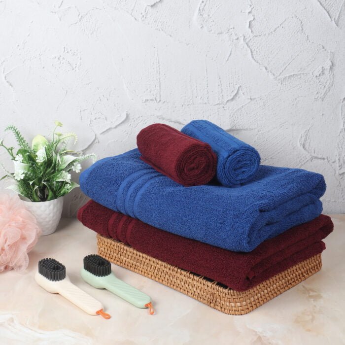 IMG_8743 ZAHYA Pure Cotton 600 GSM Bath & Hand Towel Combo - Blue & Maroon