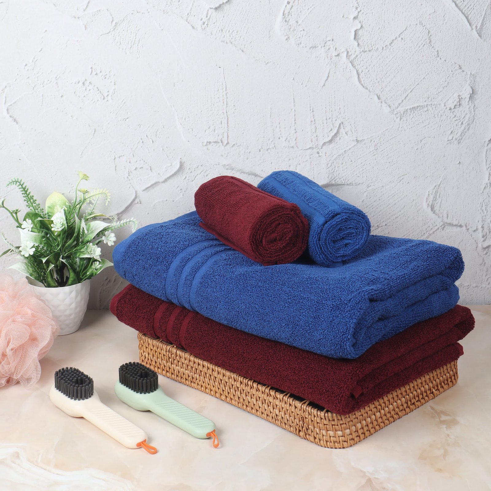 IMG_8743 ZAHYA Pure Cotton 600 GSM Bath & Hand Towel Combo - Blue & Maroon