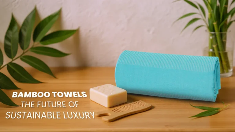 Stack of luxury bamboo towels with green bamboo stalk, symbolizing sustainable and eco-friendly living.