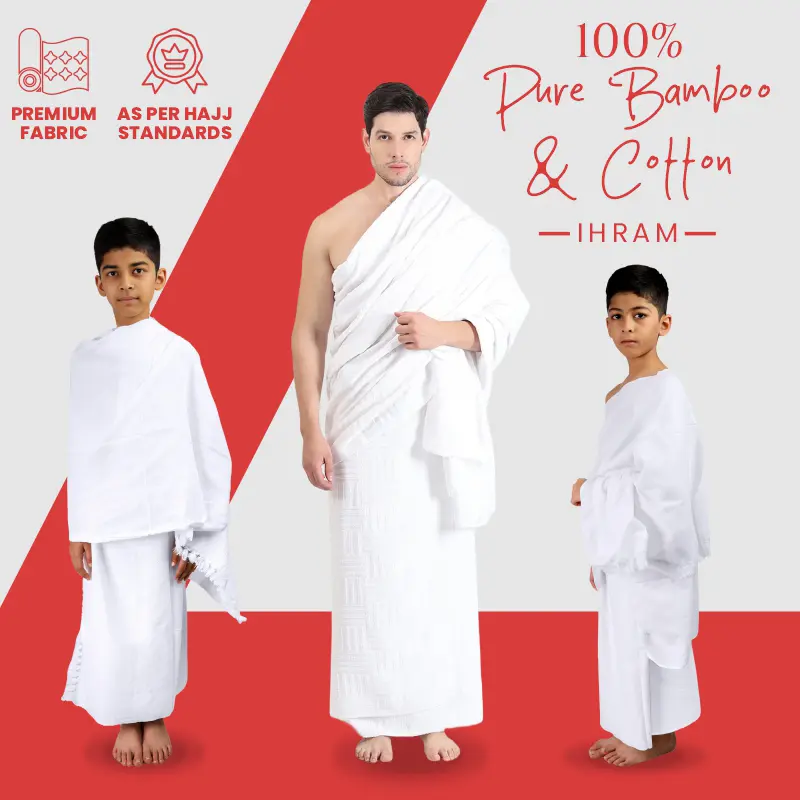 Models wearing ZAHYA white Ihram in three sizes, displayed on red and white background