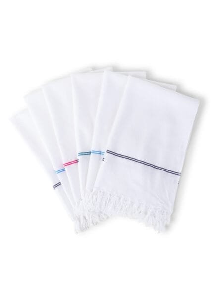 Stack of six pure white cotton napkins with lining