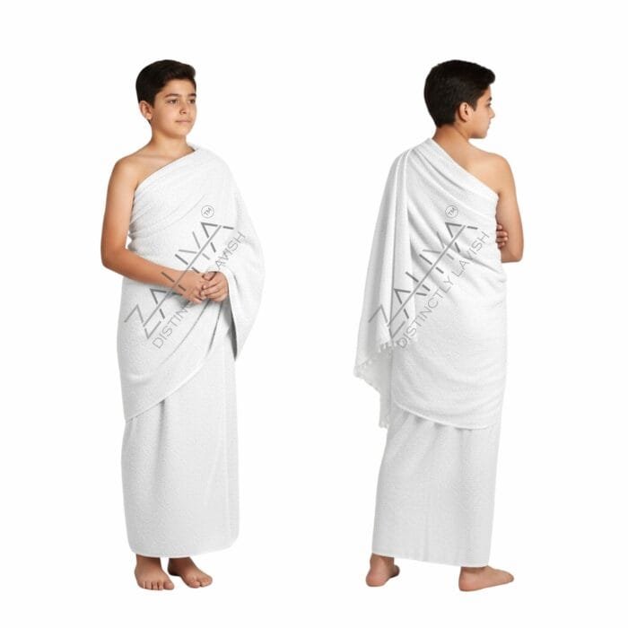 Young model wearing soft Terry Cotton Ihram, size 40x80 inches — lightweight, breathable, and absorbent attire for Hajj and Umrah.