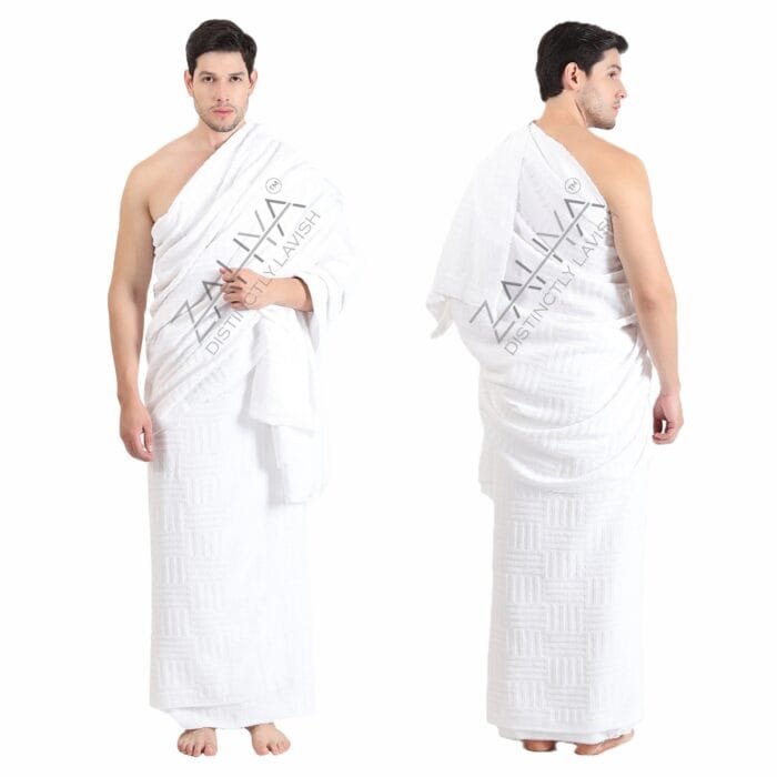 Man wearing Brick Weave Terry Cotton Ihram made of 100% Ring Spun Cotton, 45x90 inches, for Hajj and Umrah