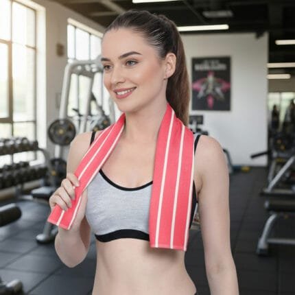 Girl wearing a 100% bamboo ladder stripe gym towel while working out in a gym setting
