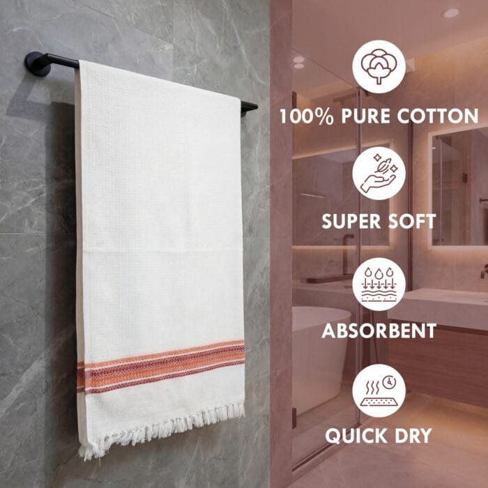 02 100% Pure Cotton Bath Towels Pack of 2 - 30 x 60 Inches- White with Multicolour Border