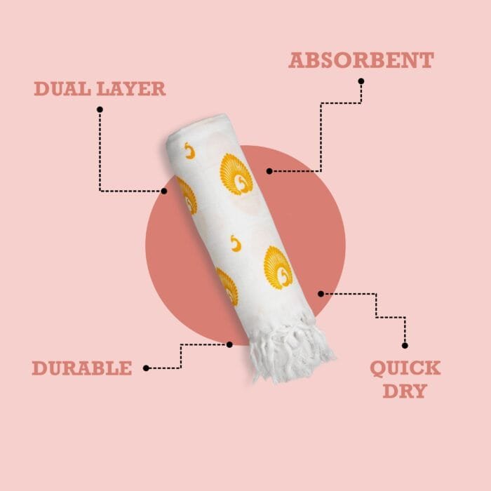 Pure Cotton Twin Layer Bath Towels 30x60 Inch, Pack of 2, White with Modern Contemporary Prints