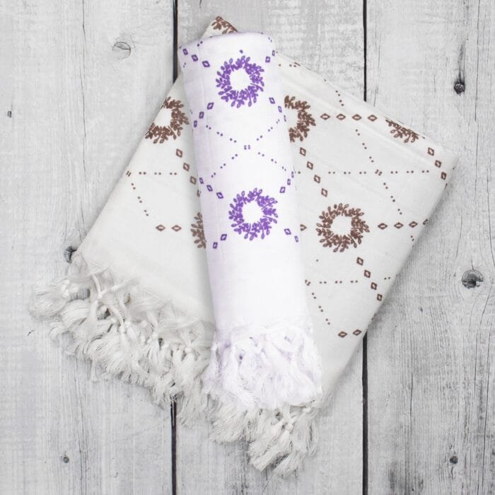 Pure Cotton Twin Layer Bath Towels 30x60 Inch, Pack of 2, White with Modern Contemporary Prints